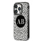 Leopard Print Black and White iPhone 14 Pro Black Impact Case Side Angle on Silver phone