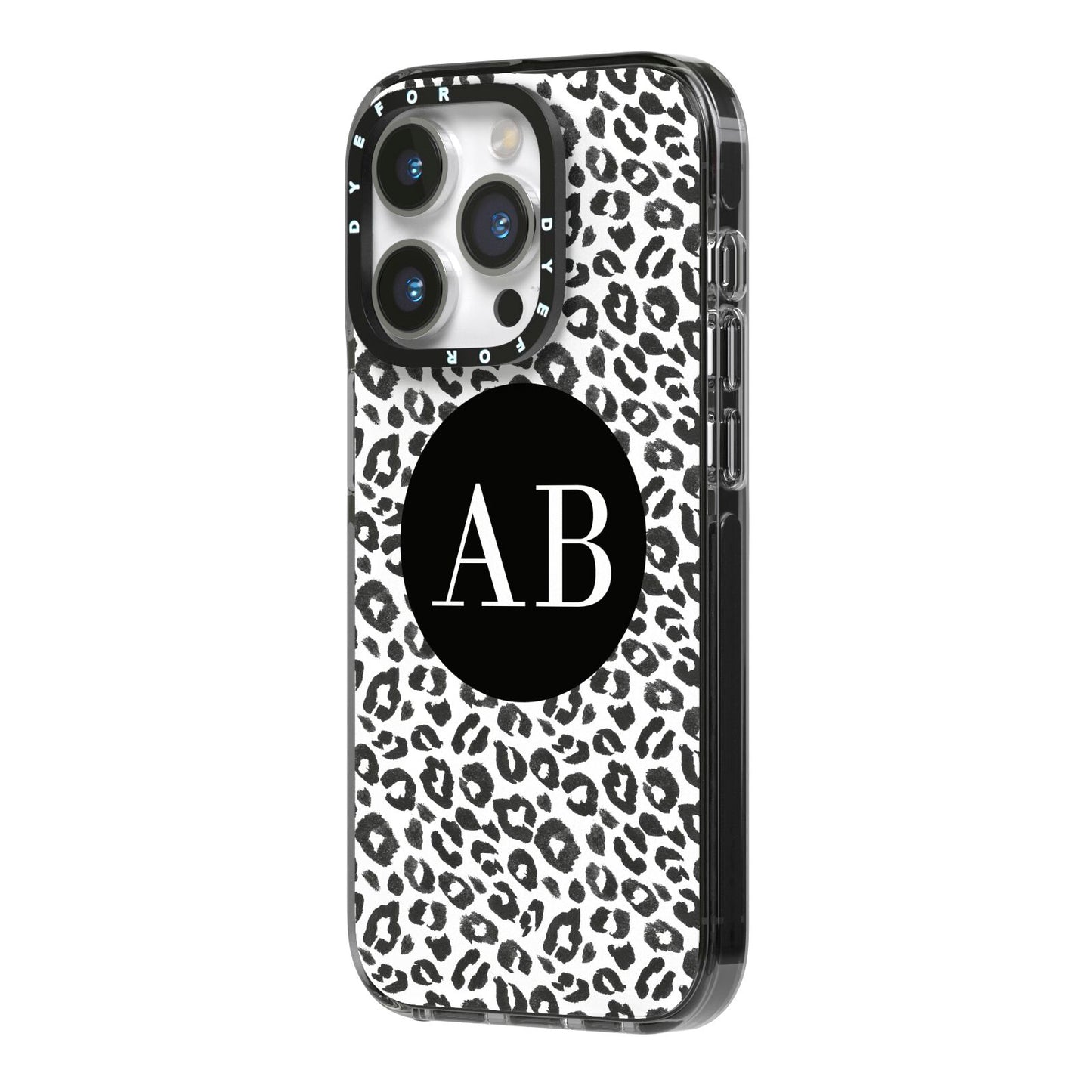 Leopard Print Black and White iPhone 14 Pro Black Impact Case Side Angle on Silver phone