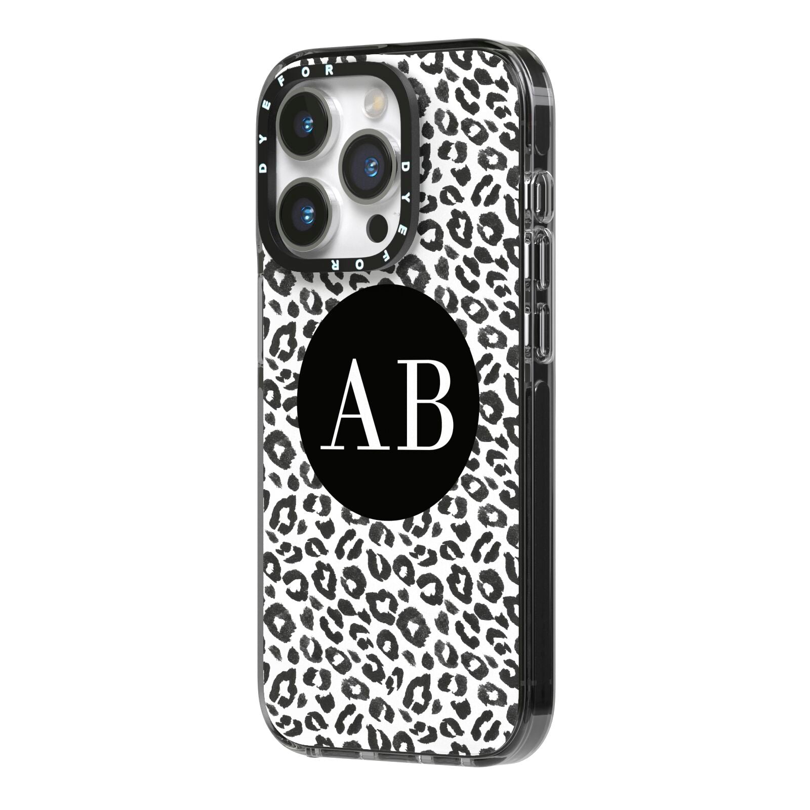 Leopard Print Black and White iPhone 14 Pro Black Impact Case Side Angle on Silver phone