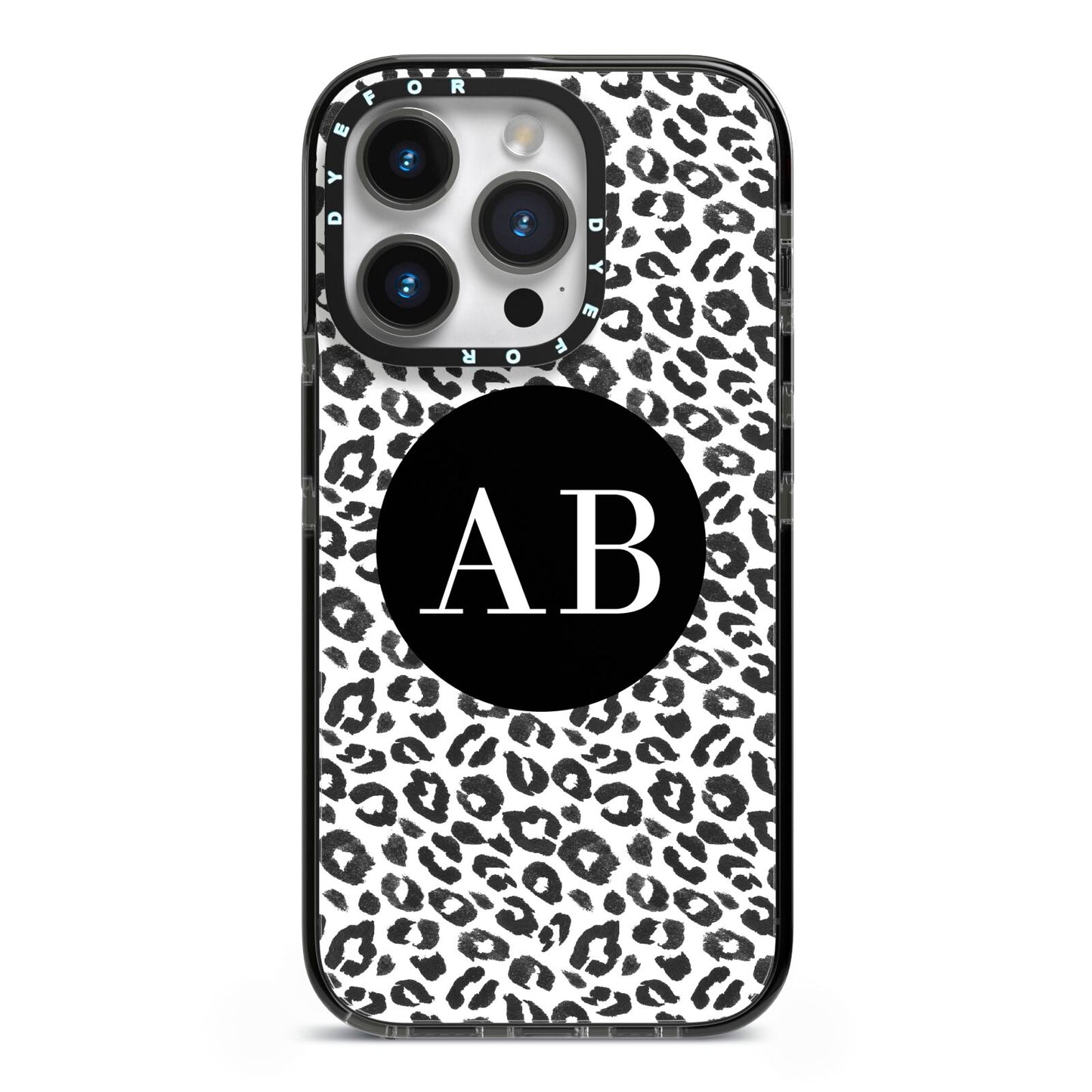 Leopard Print Black and White iPhone 14 Pro Black Impact Case on Silver phone