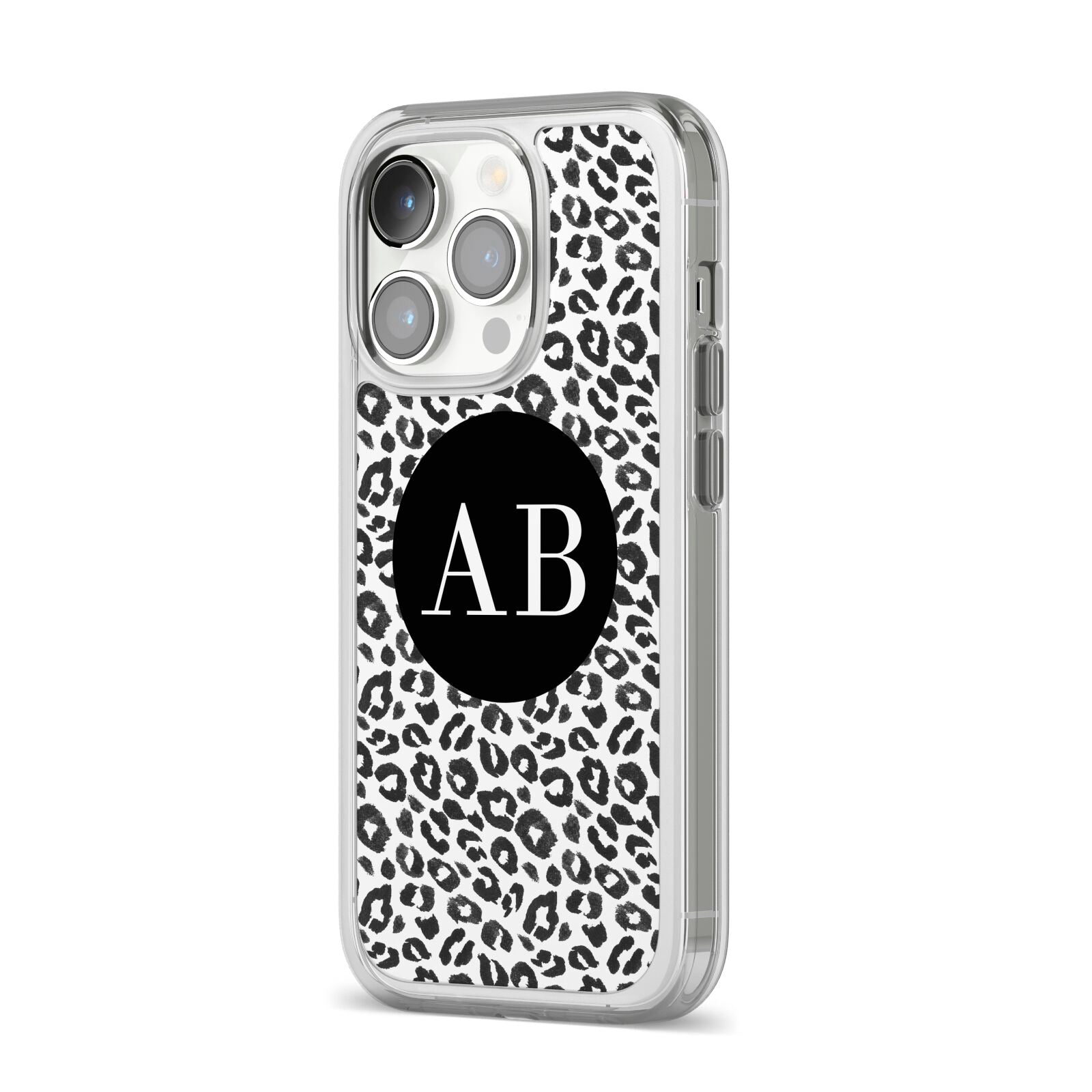 Leopard Print Black and White iPhone 14 Pro Clear Tough Case Silver Angled Image