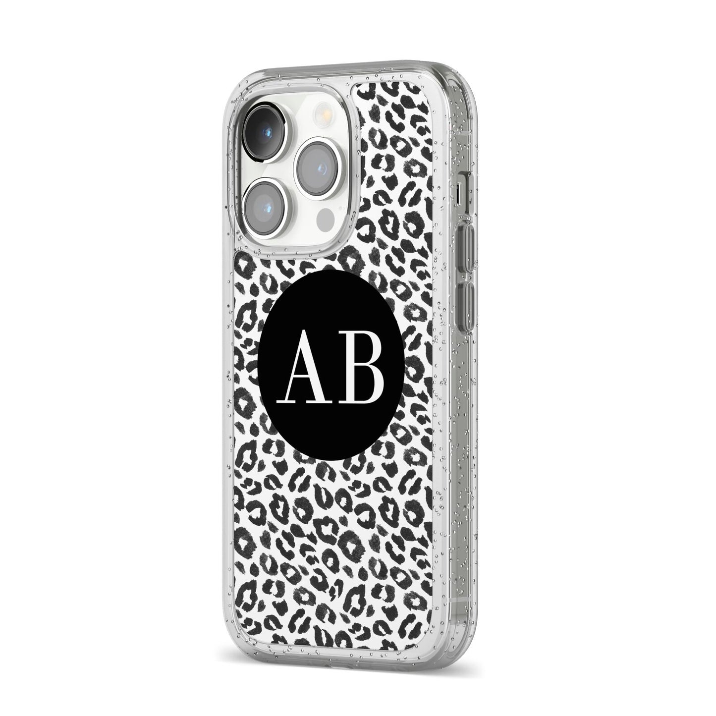Leopard Print Black and White iPhone 14 Pro Glitter Tough Case Silver Angled Image