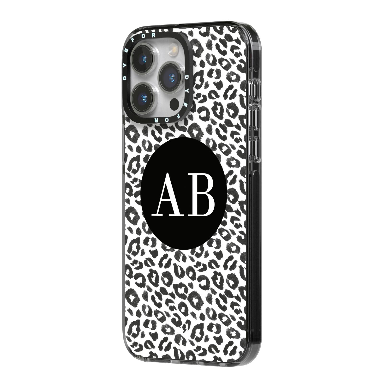 Leopard Print Black and White iPhone 14 Pro Max Black Impact Case Side Angle on Silver phone