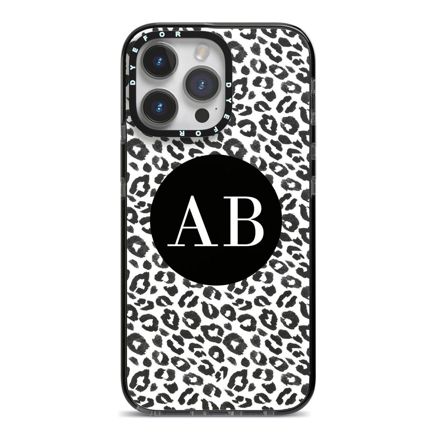 Leopard Print Black and White iPhone 14 Pro Max Black Impact Case on Silver phone