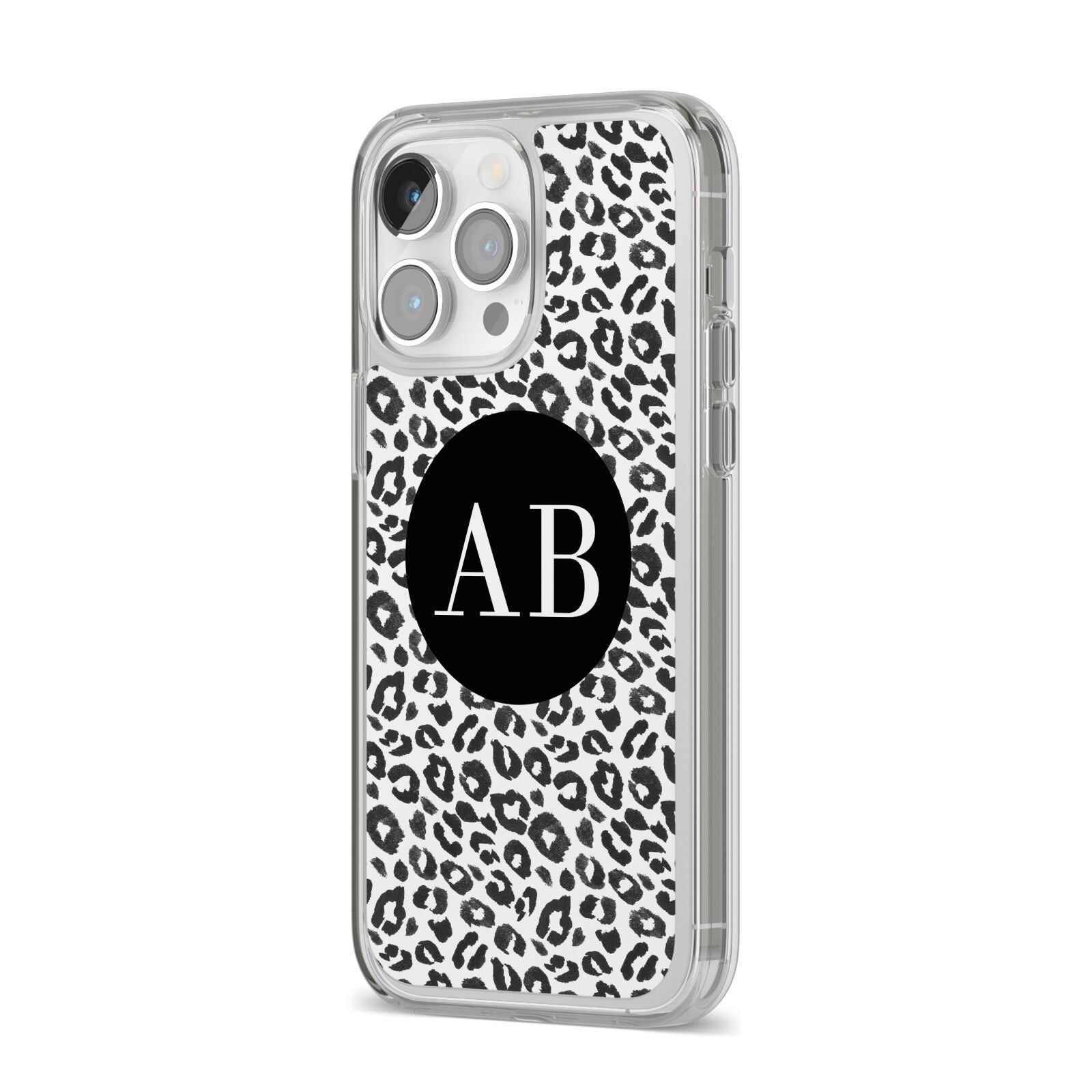 Leopard Print Black and White iPhone 14 Pro Max Clear Tough Case Silver Angled Image