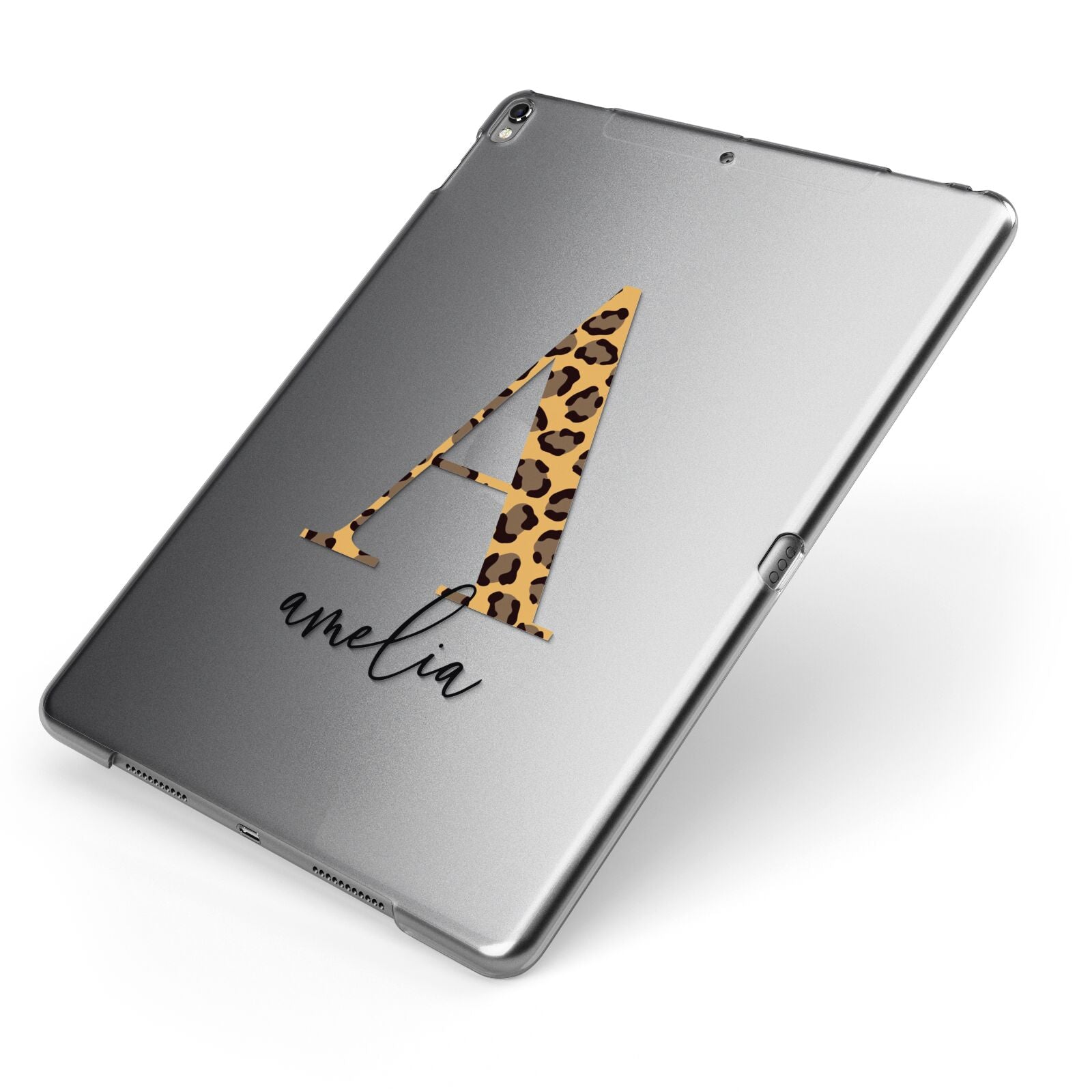 Leopard Print Initial with Name Apple iPad Case on Grey iPad Side View