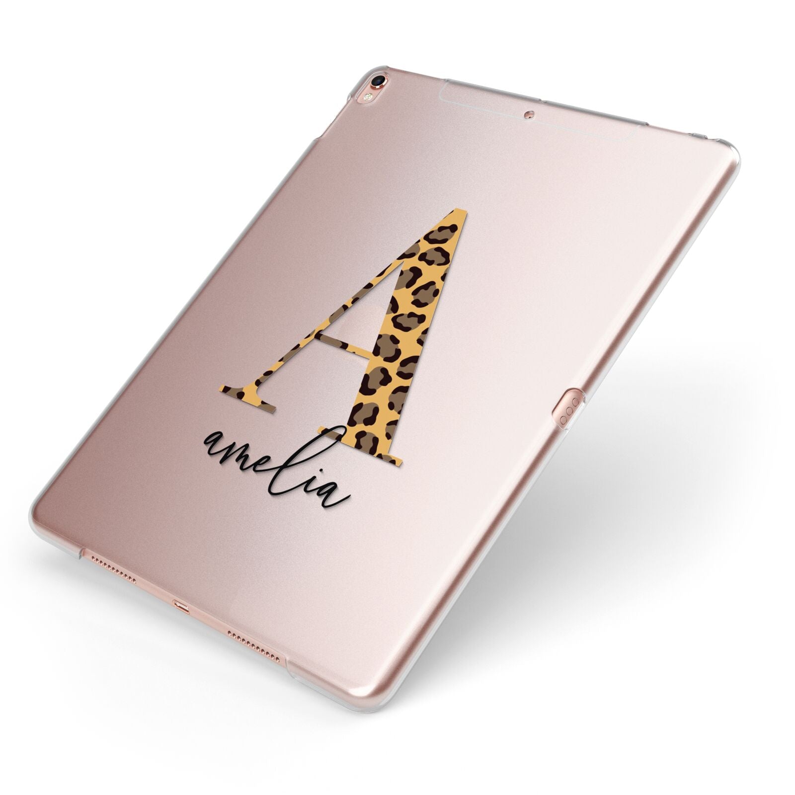 Leopard Print Initial with Name Apple iPad Case on Rose Gold iPad Side View