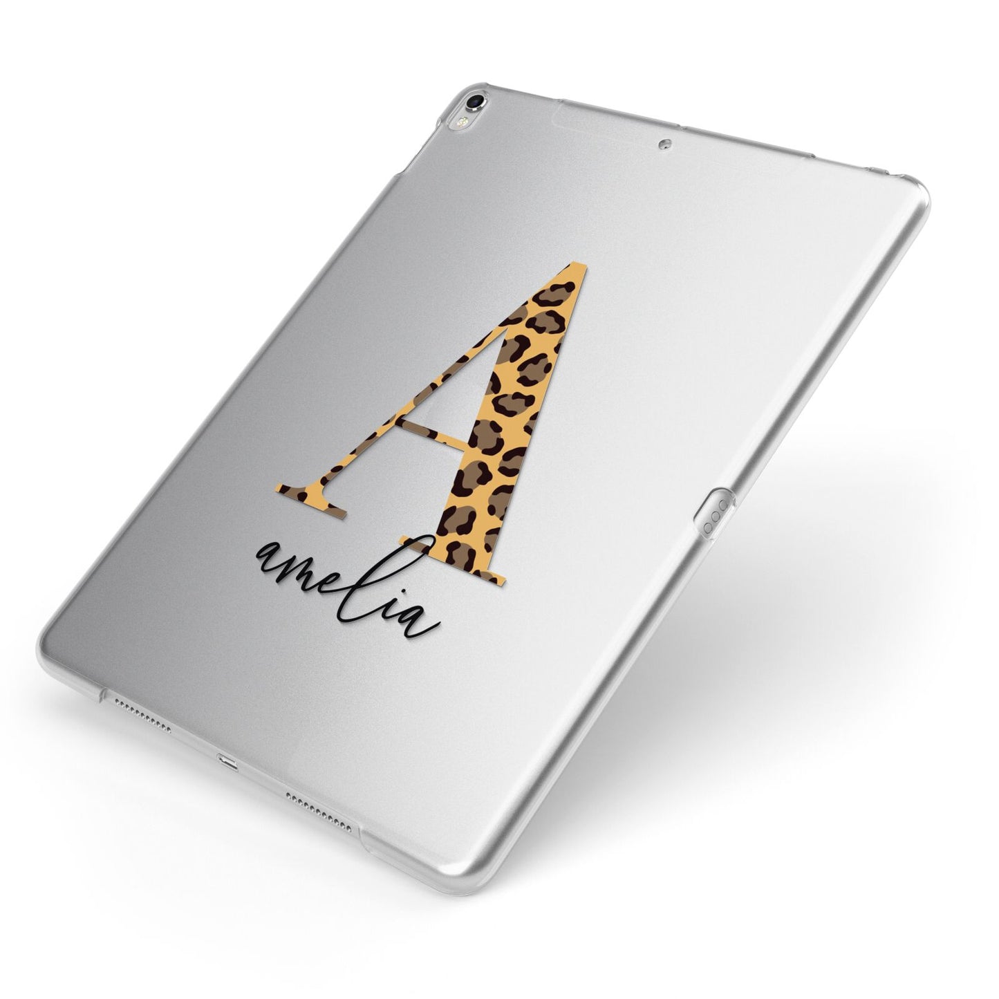 Leopard Print Initial with Name Apple iPad Case on Silver iPad Side View