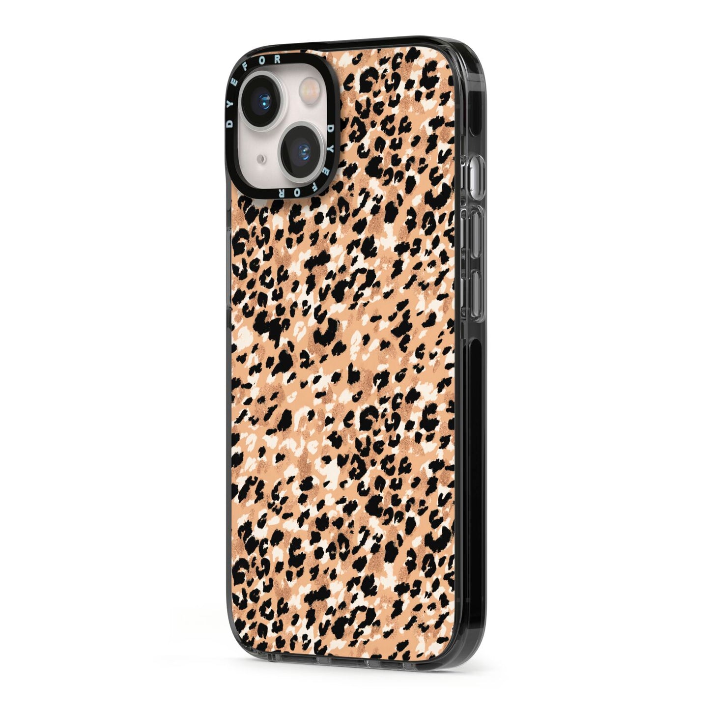 Leopard Print iPhone 13 Black Impact Case Side Angle on Silver phone