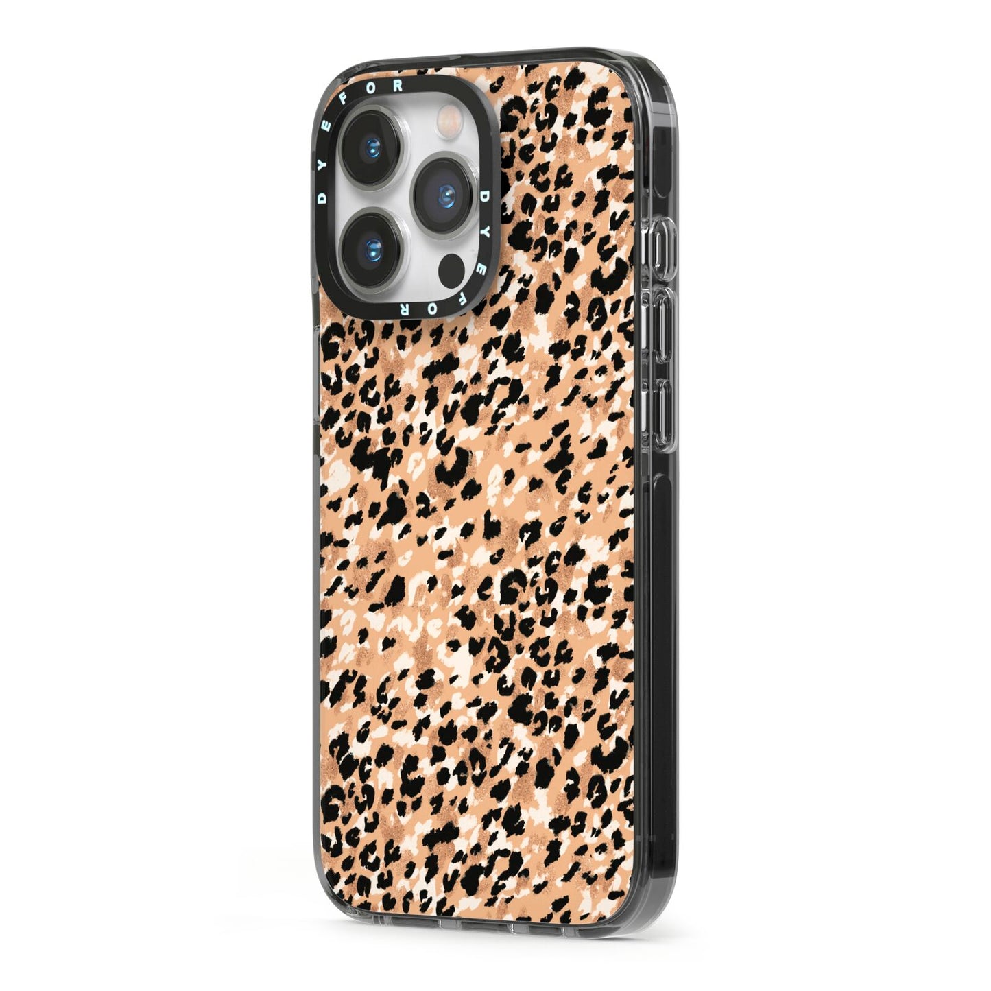 Leopard Print iPhone 13 Pro Black Impact Case Side Angle on Silver phone