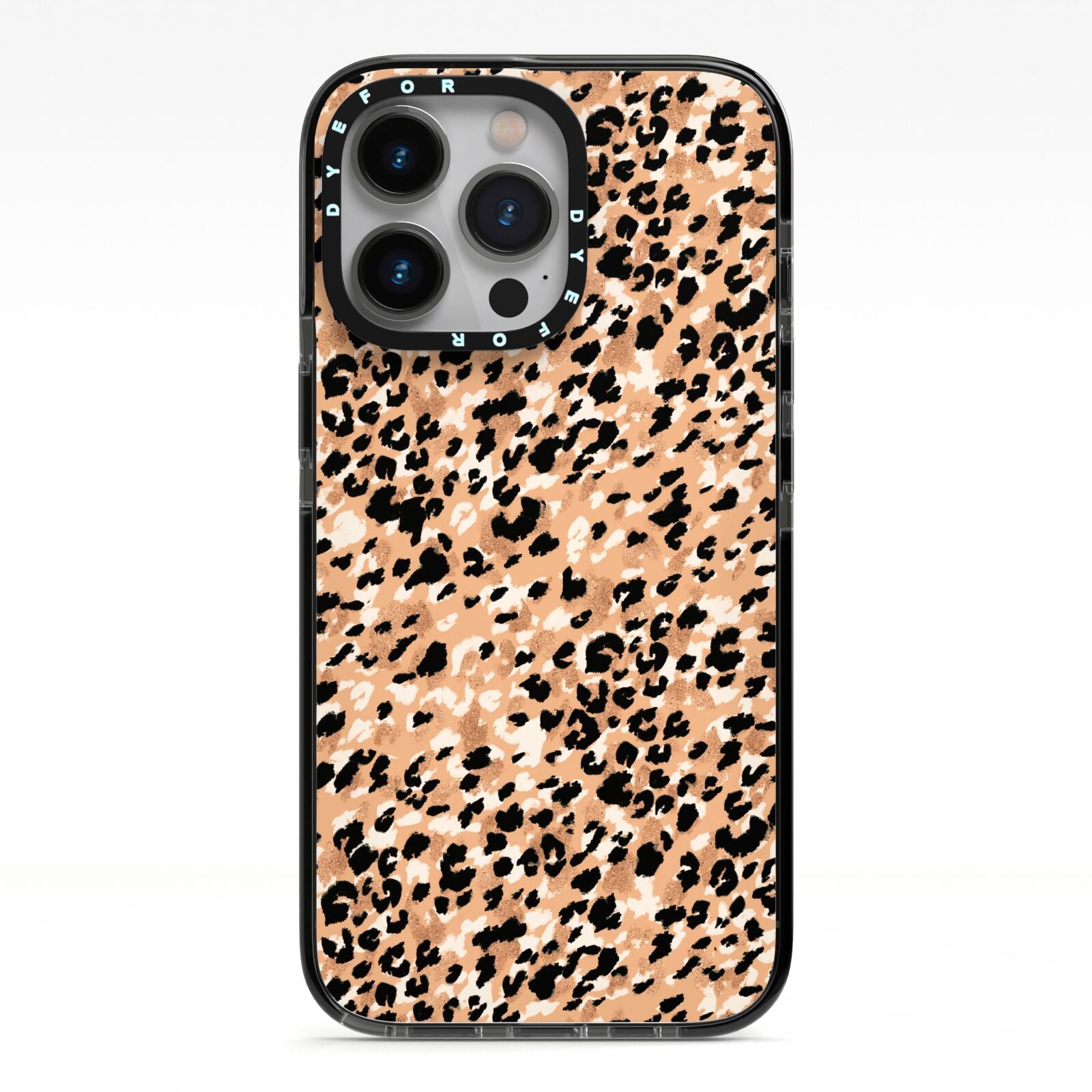 Leopard Print iPhone 13 Pro Black Impact Case on Silver phone
