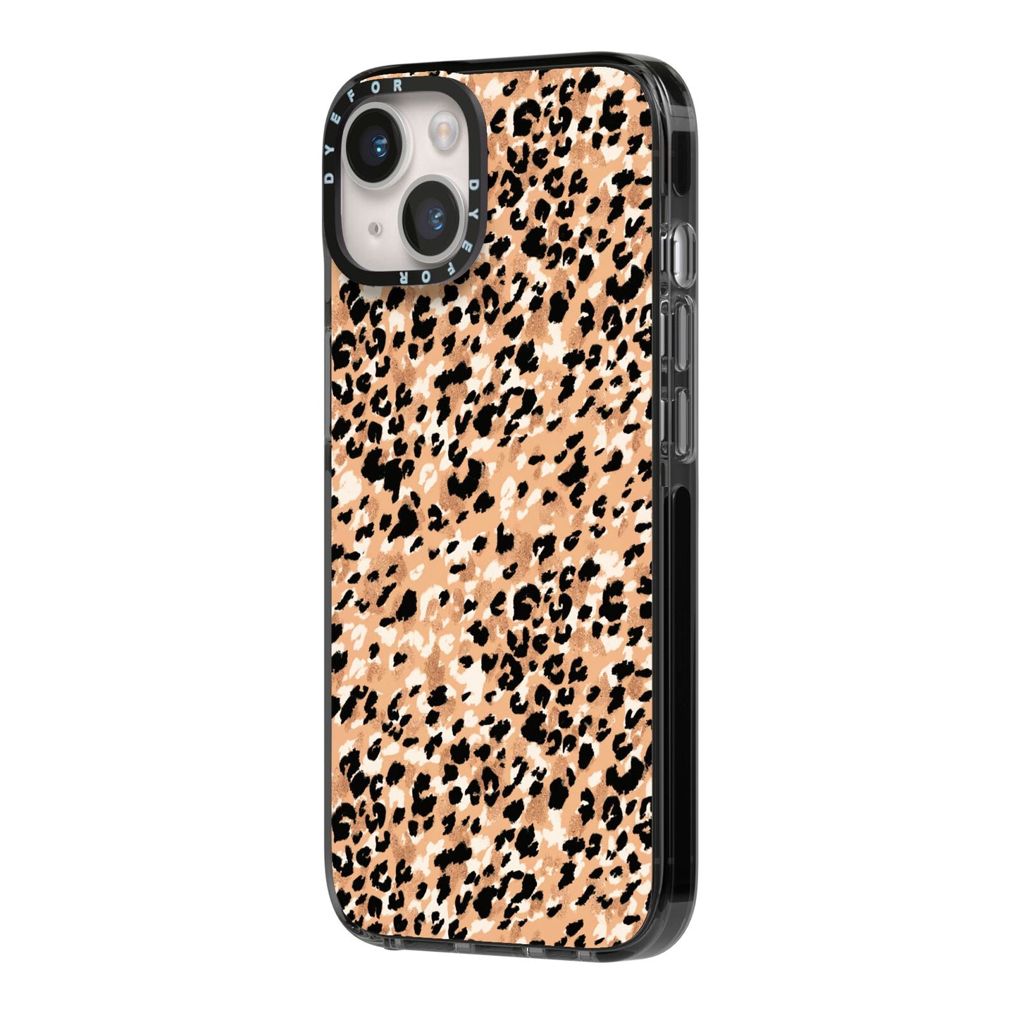 Leopard Print iPhone 14 Black Impact Case Side Angle on Silver phone