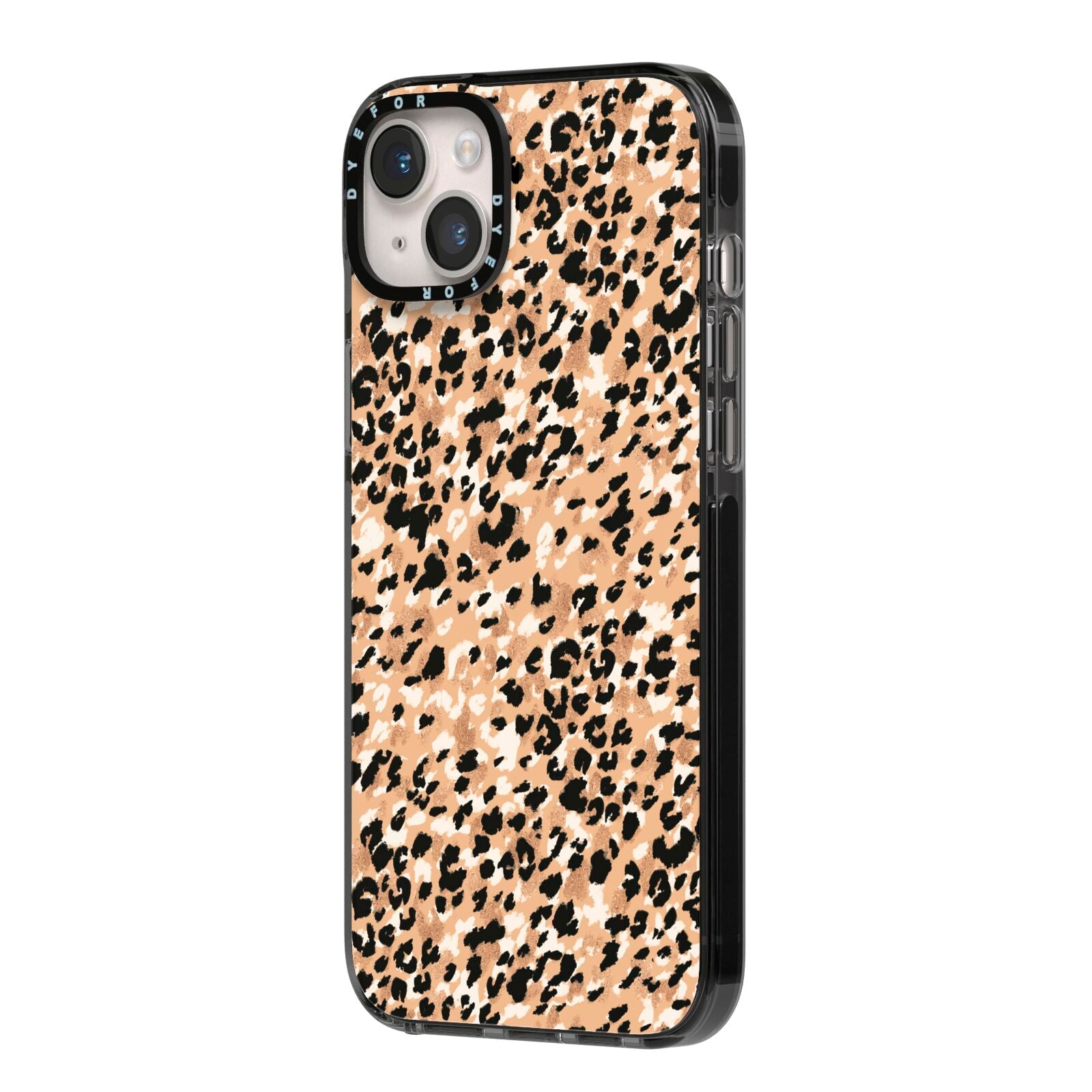 Leopard Print iPhone 14 Plus Black Impact Case Side Angle on Silver phone