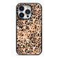 Leopard Print iPhone 14 Pro Black Impact Case on Silver phone