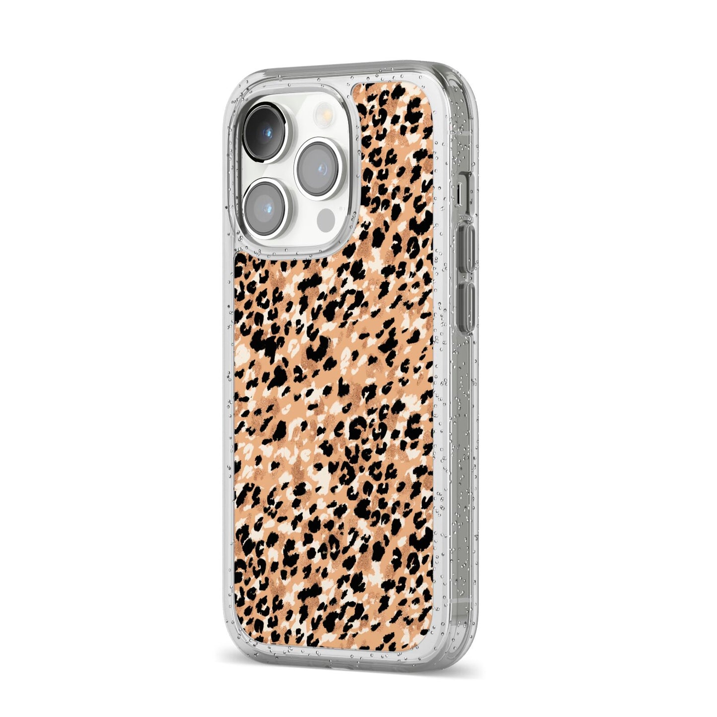 Leopard Print iPhone 14 Pro Glitter Tough Case Silver Angled Image