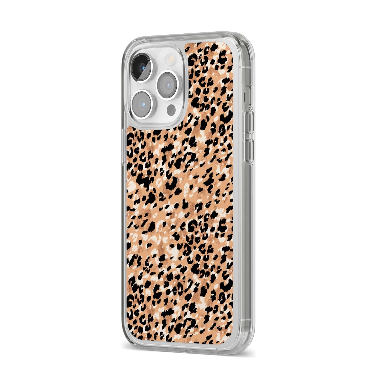 Leopard Print iPhone 14 Pro Max Clear Tough Case Silver Angled Image