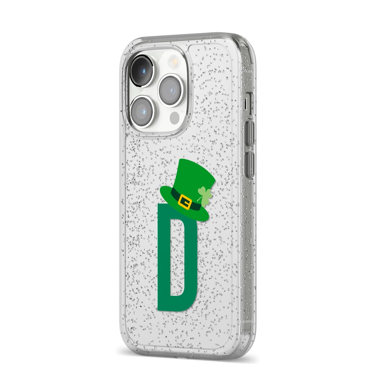 Leprechaun Hat Custom Monogram iPhone 14 Pro Glitter Tough Case Silver Angled Image