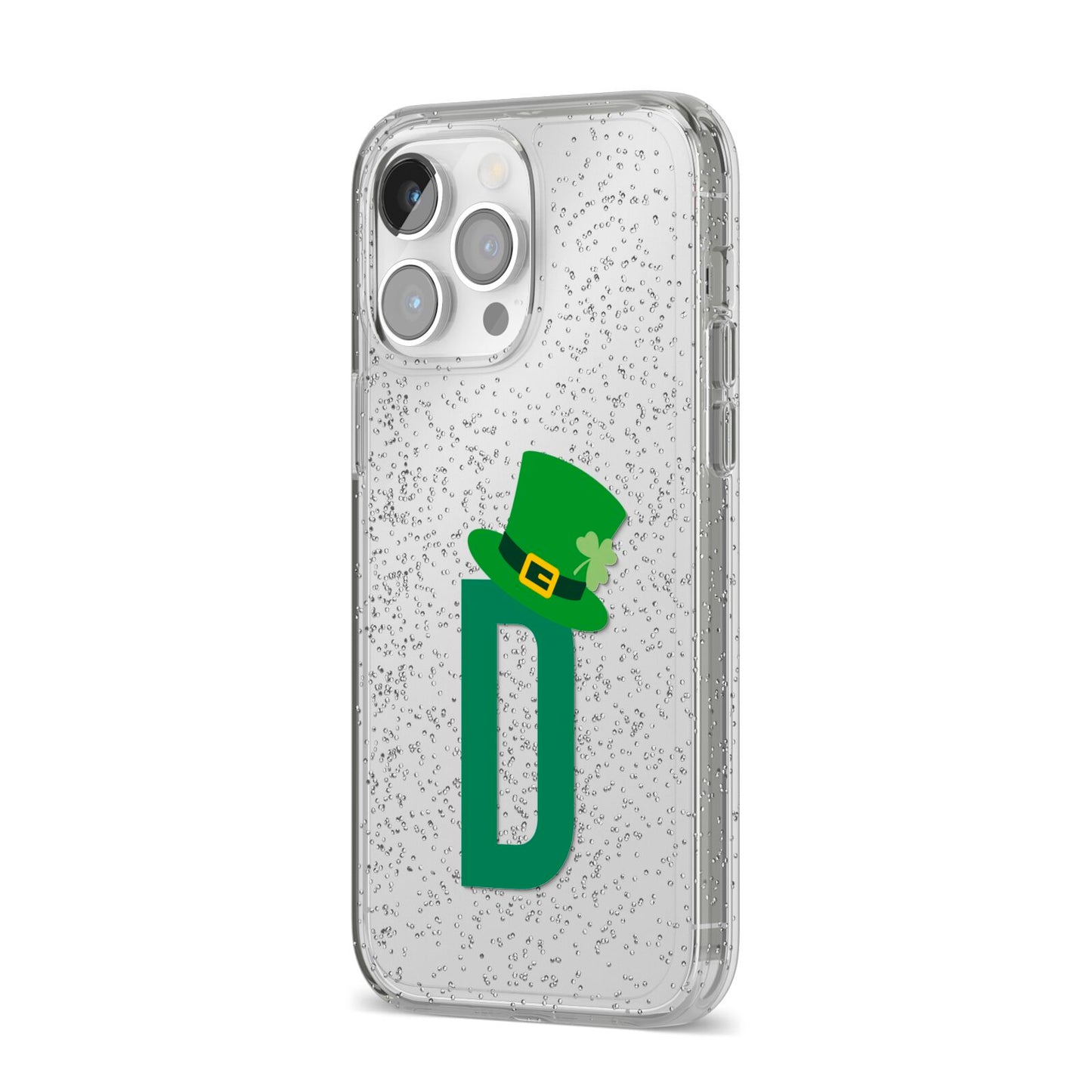 Leprechaun Hat Custom Monogram iPhone 14 Pro Max Glitter Tough Case Silver Angled Image