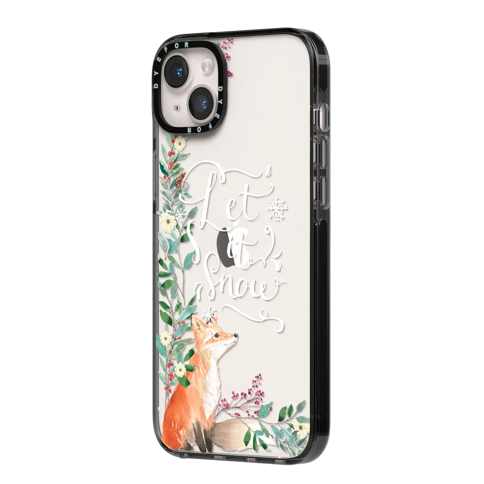 Let It Snow Christmas iPhone 14 Plus Black Impact Case Side Angle on Silver phone