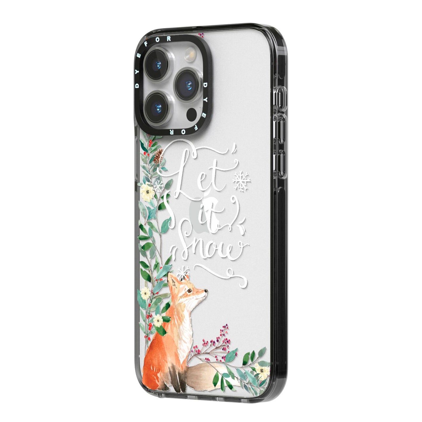 Let It Snow Christmas iPhone 14 Pro Max Black Impact Case Side Angle on Silver phone