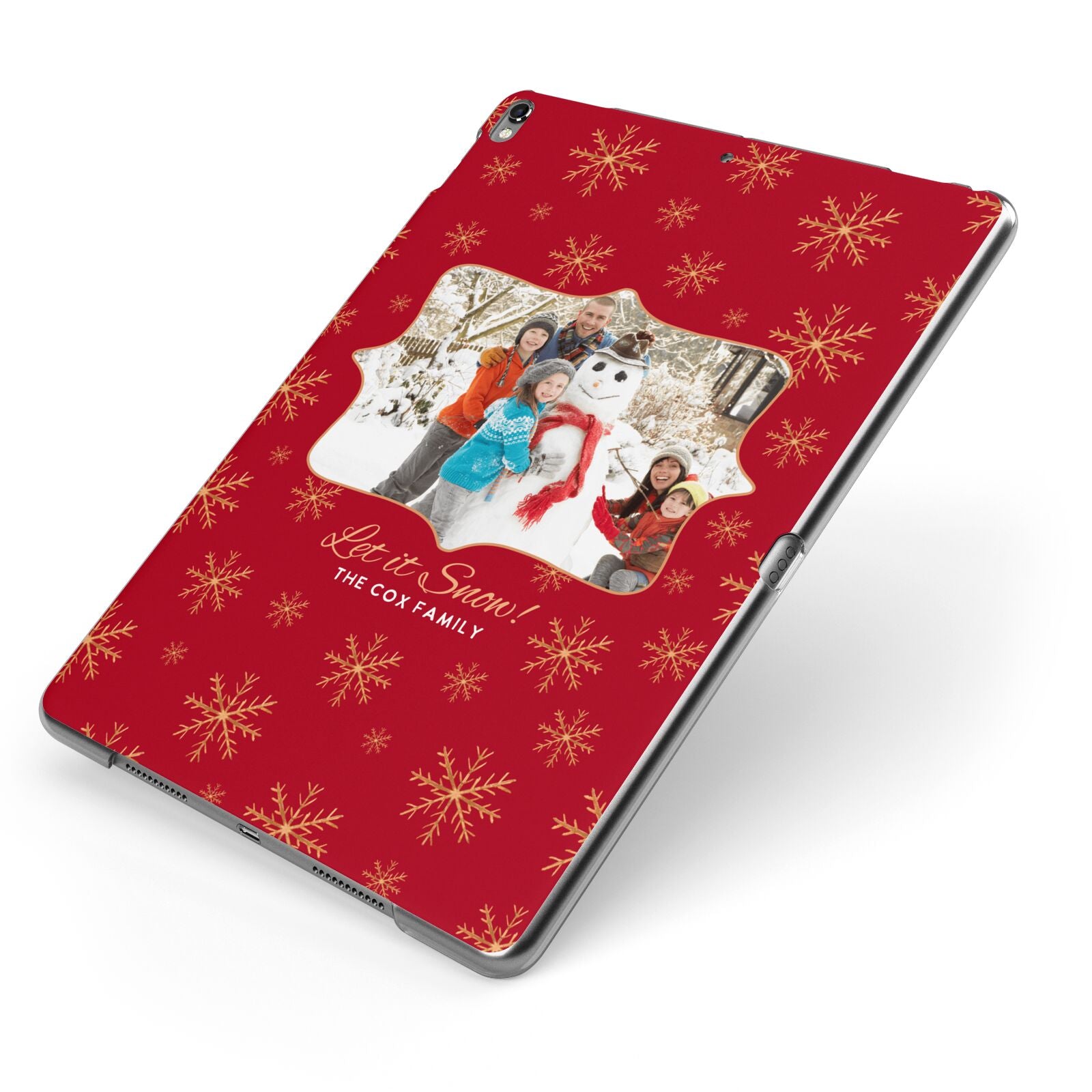 Let it Snow Christmas Photo Upload Apple iPad Case on Grey iPad Side View