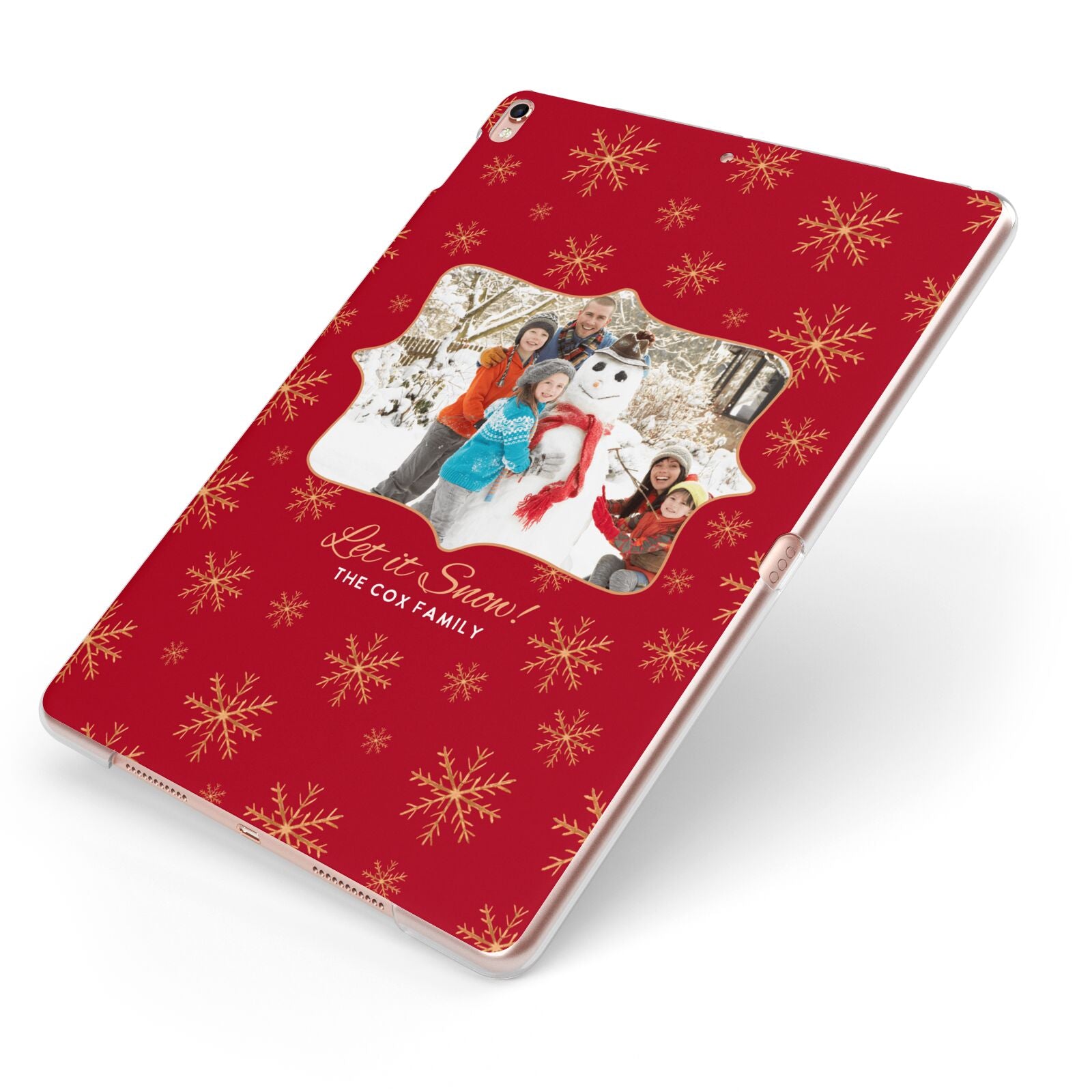 Let it Snow Christmas Photo Upload Apple iPad Case on Rose Gold iPad Side View