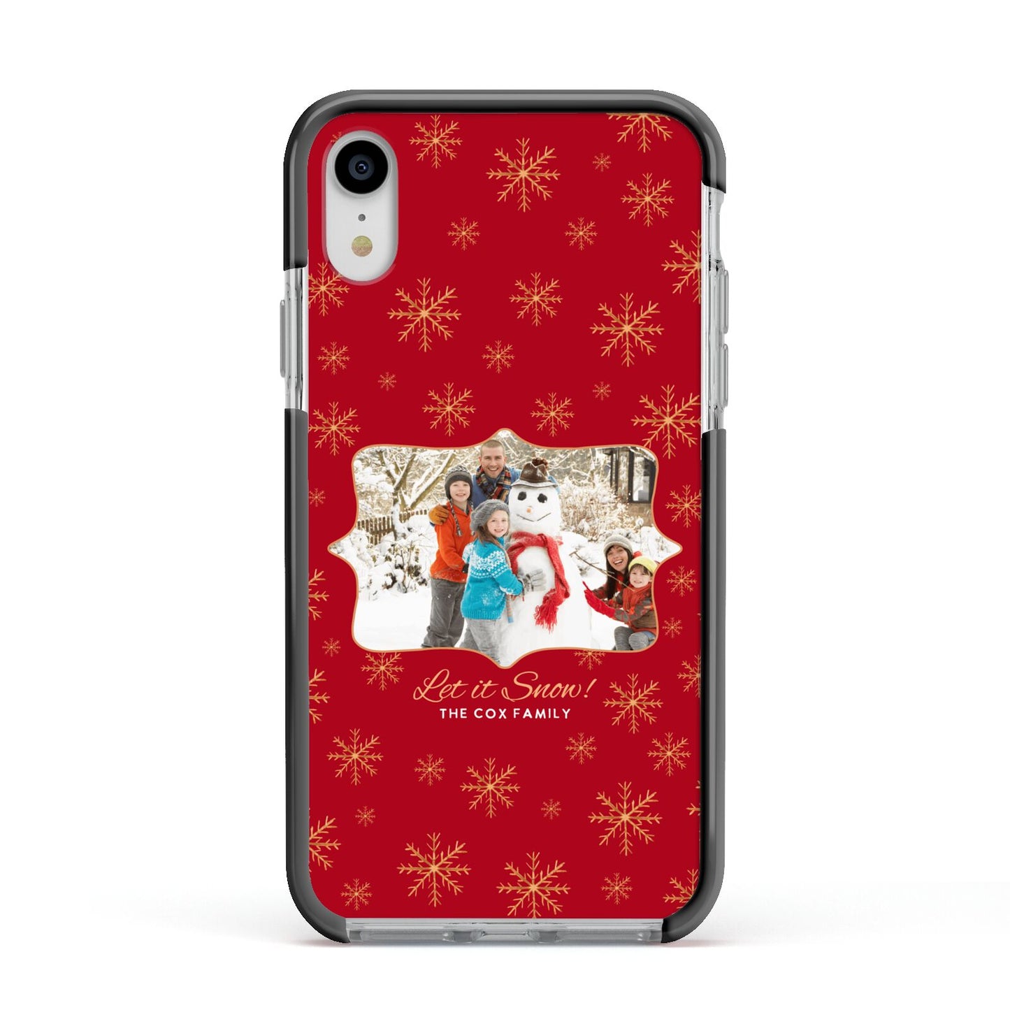 Let it Snow Christmas Photo Upload Apple iPhone XR Impact Case Black Edge on Silver Phone