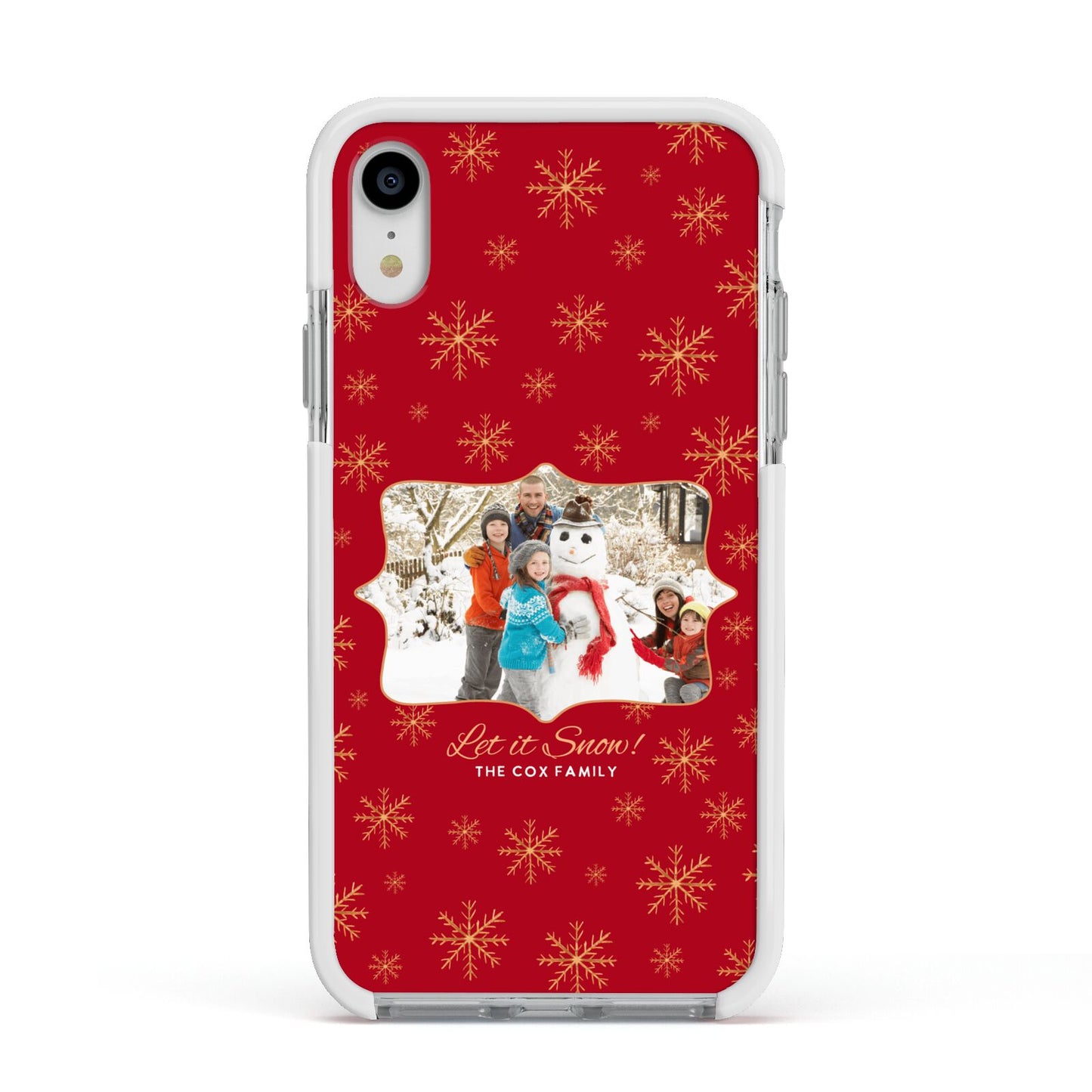 Let it Snow Christmas Photo Upload Apple iPhone XR Impact Case White Edge on Silver Phone