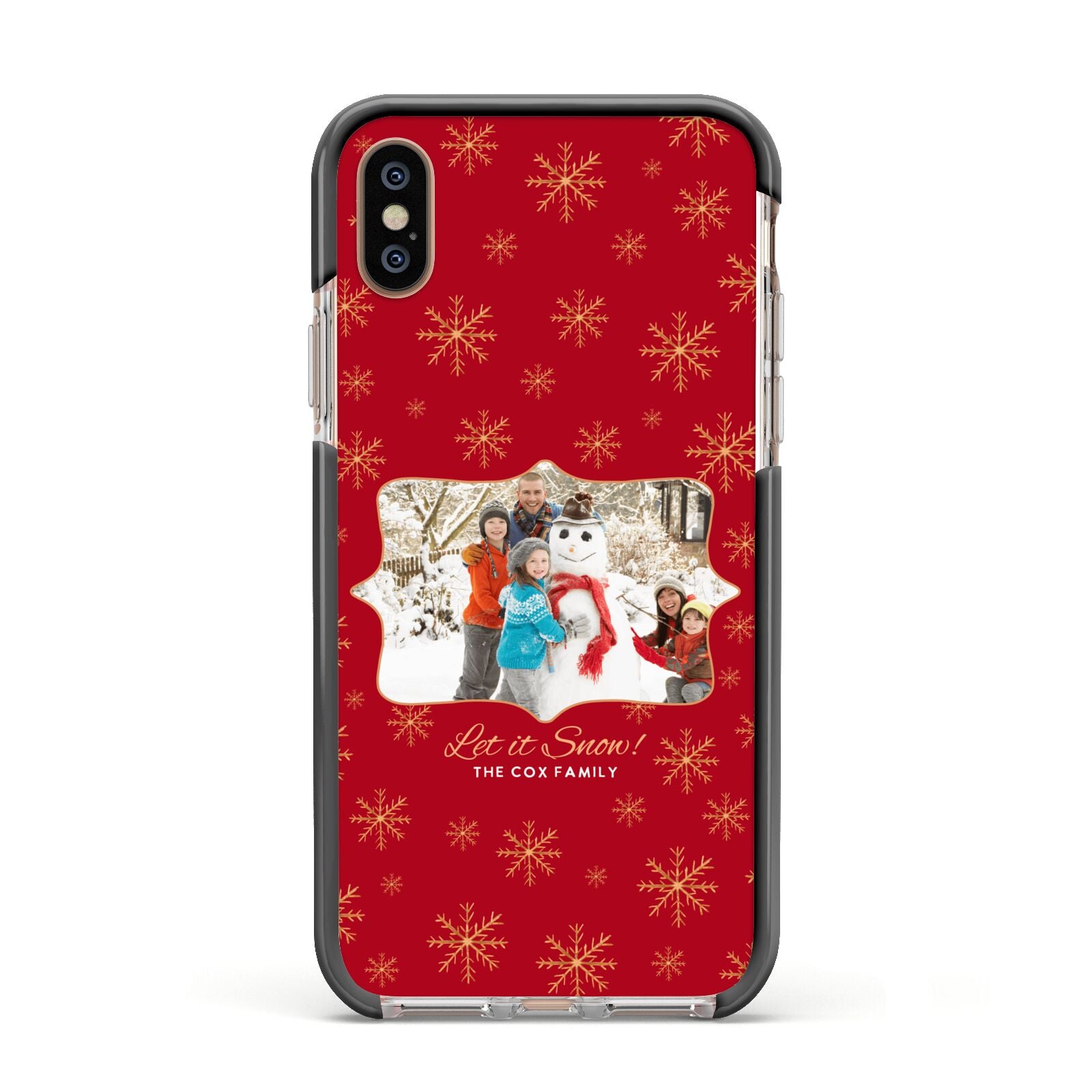 Let it Snow Christmas Photo Upload Apple iPhone Xs Impact Case Black Edge on Gold Phone