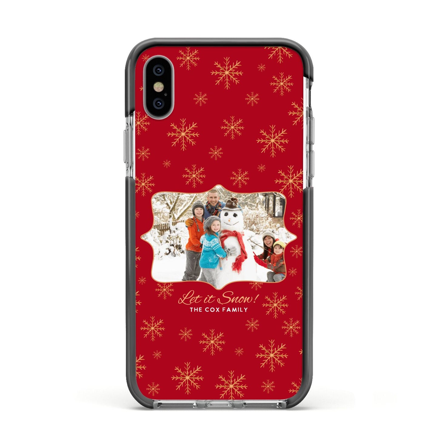 Let it Snow Christmas Photo Upload Apple iPhone Xs Impact Case Black Edge on Silver Phone
