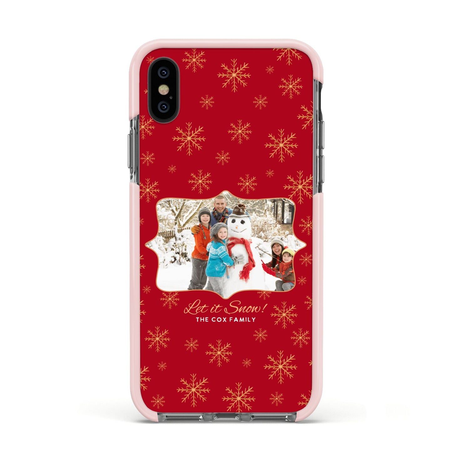 Let it Snow Christmas Photo Upload Apple iPhone Xs Impact Case Pink Edge on Black Phone