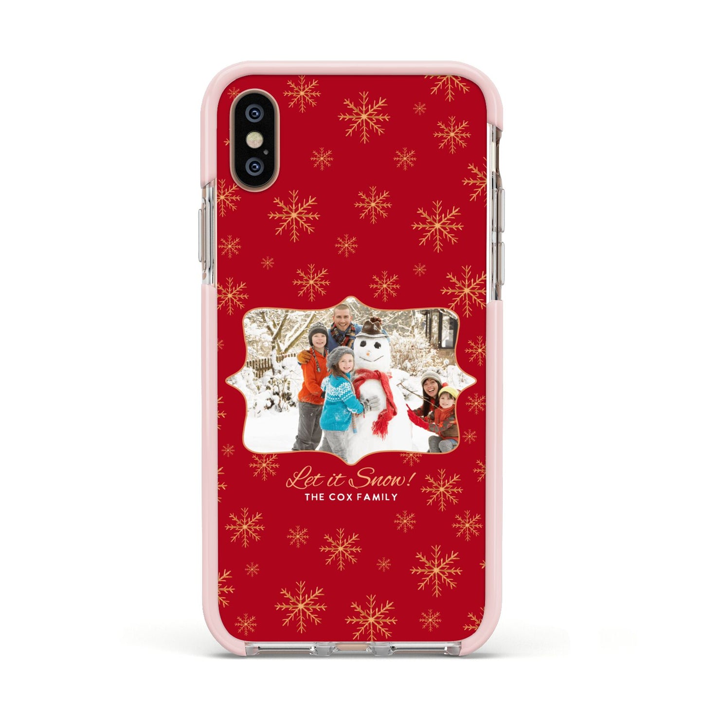 Let it Snow Christmas Photo Upload Apple iPhone Xs Impact Case Pink Edge on Gold Phone