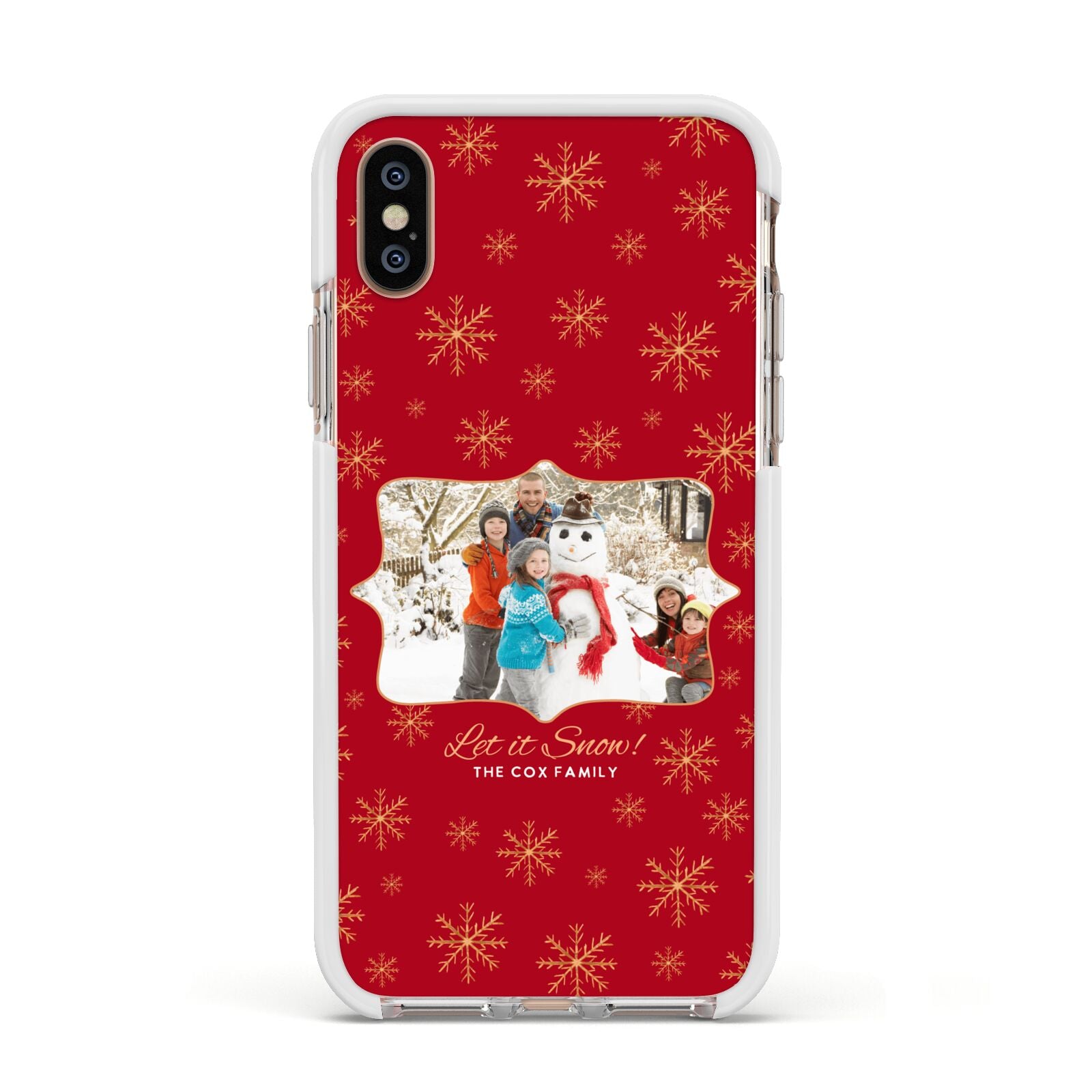Let it Snow Christmas Photo Upload Apple iPhone Xs Impact Case White Edge on Gold Phone