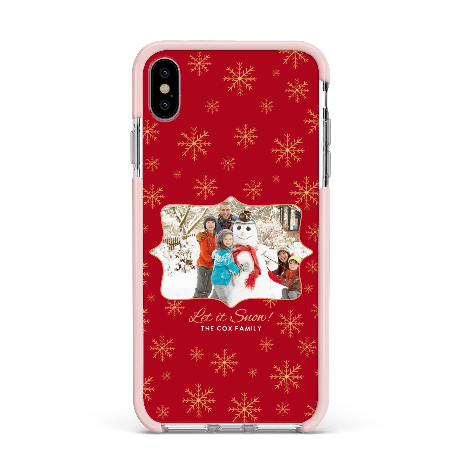 Let it Snow Christmas Photo Upload Apple iPhone Xs Max Impact Case Pink Edge on Silver Phone
