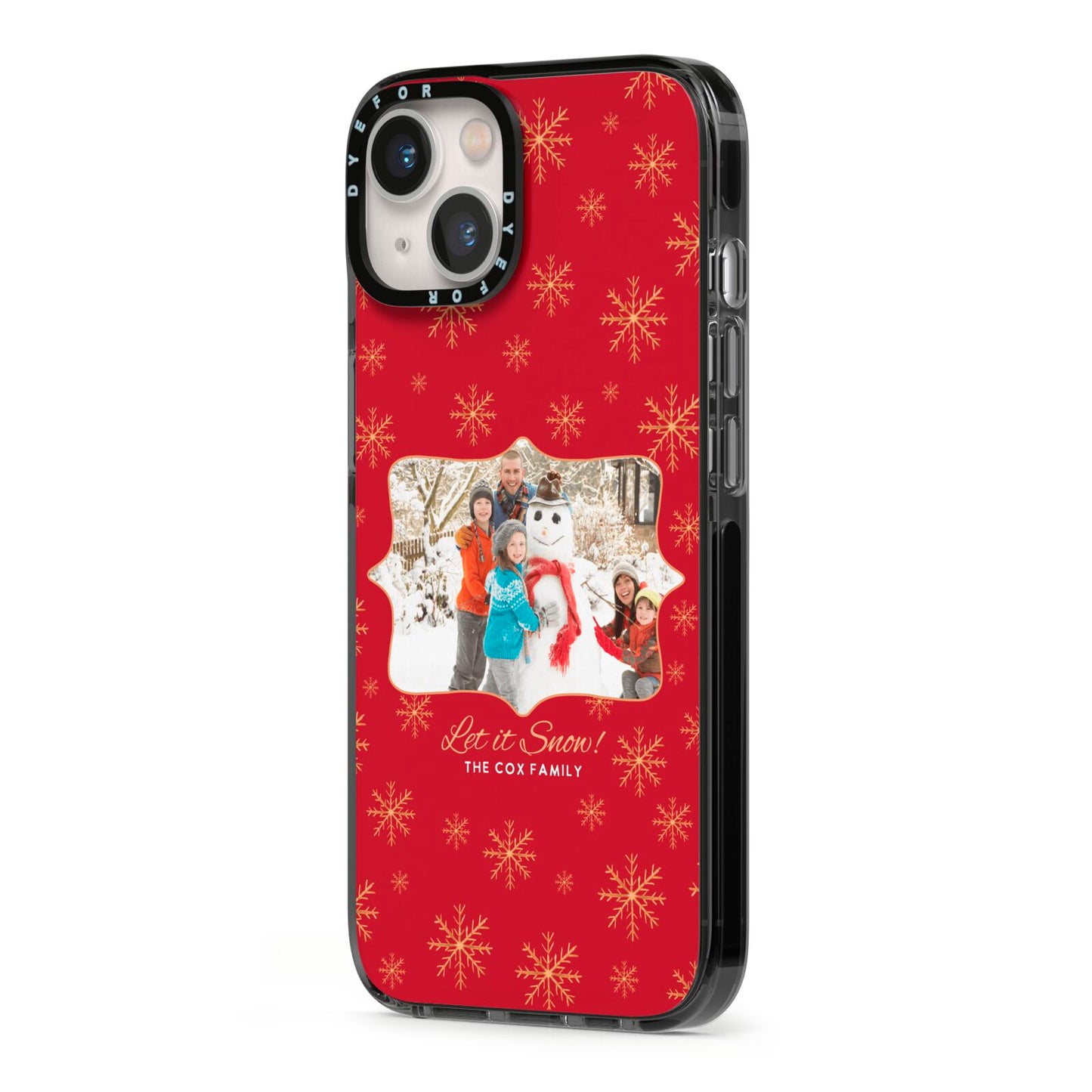 Let it Snow Christmas Photo Upload iPhone 13 Black Impact Case Side Angle on Silver phone