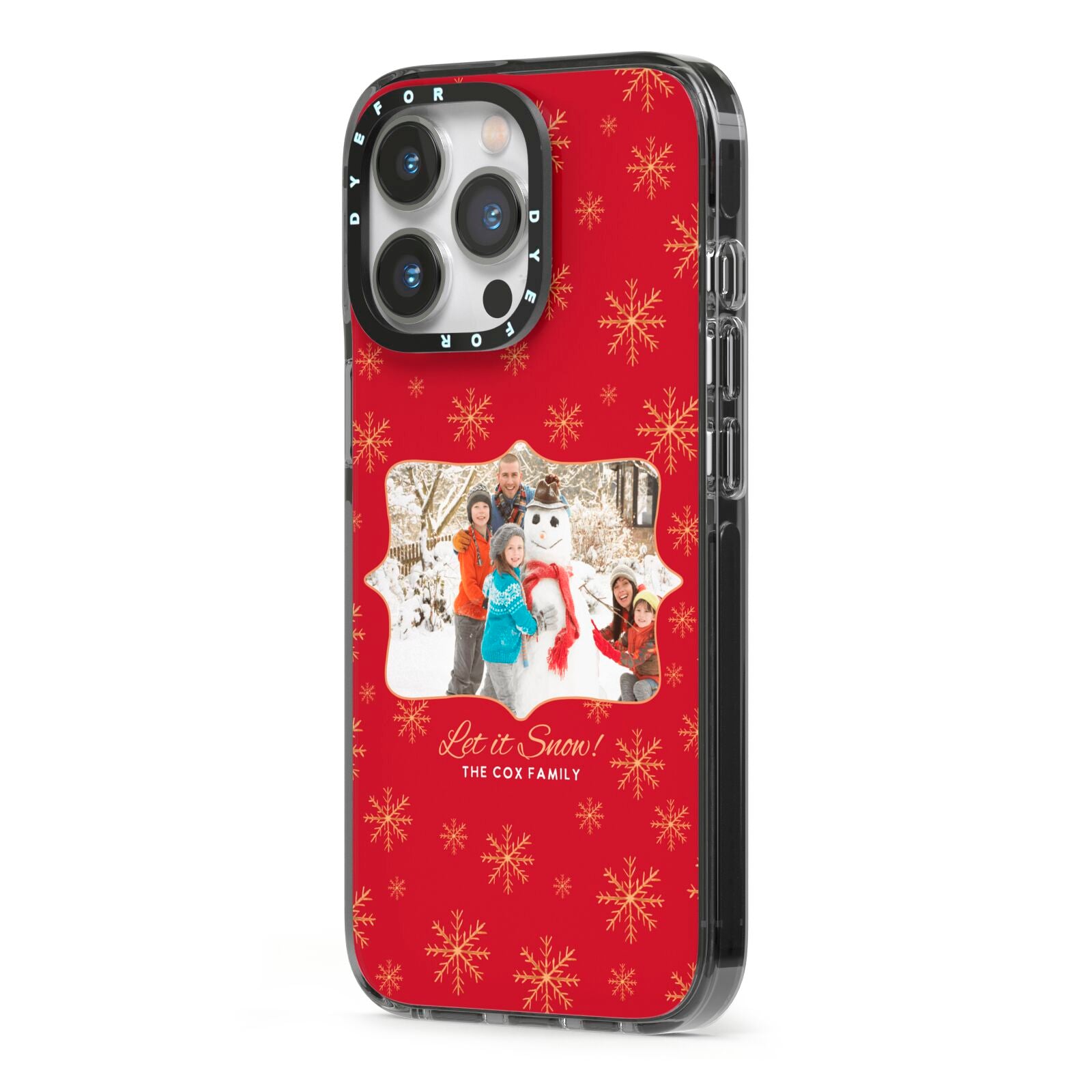 Let it Snow Christmas Photo Upload iPhone 13 Pro Black Impact Case Side Angle on Silver phone