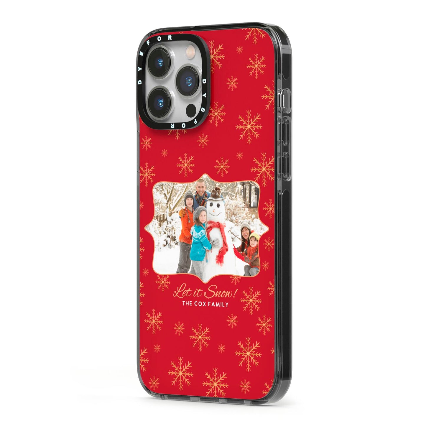 Let it Snow Christmas Photo Upload iPhone 13 Pro Max Black Impact Case Side Angle on Silver phone