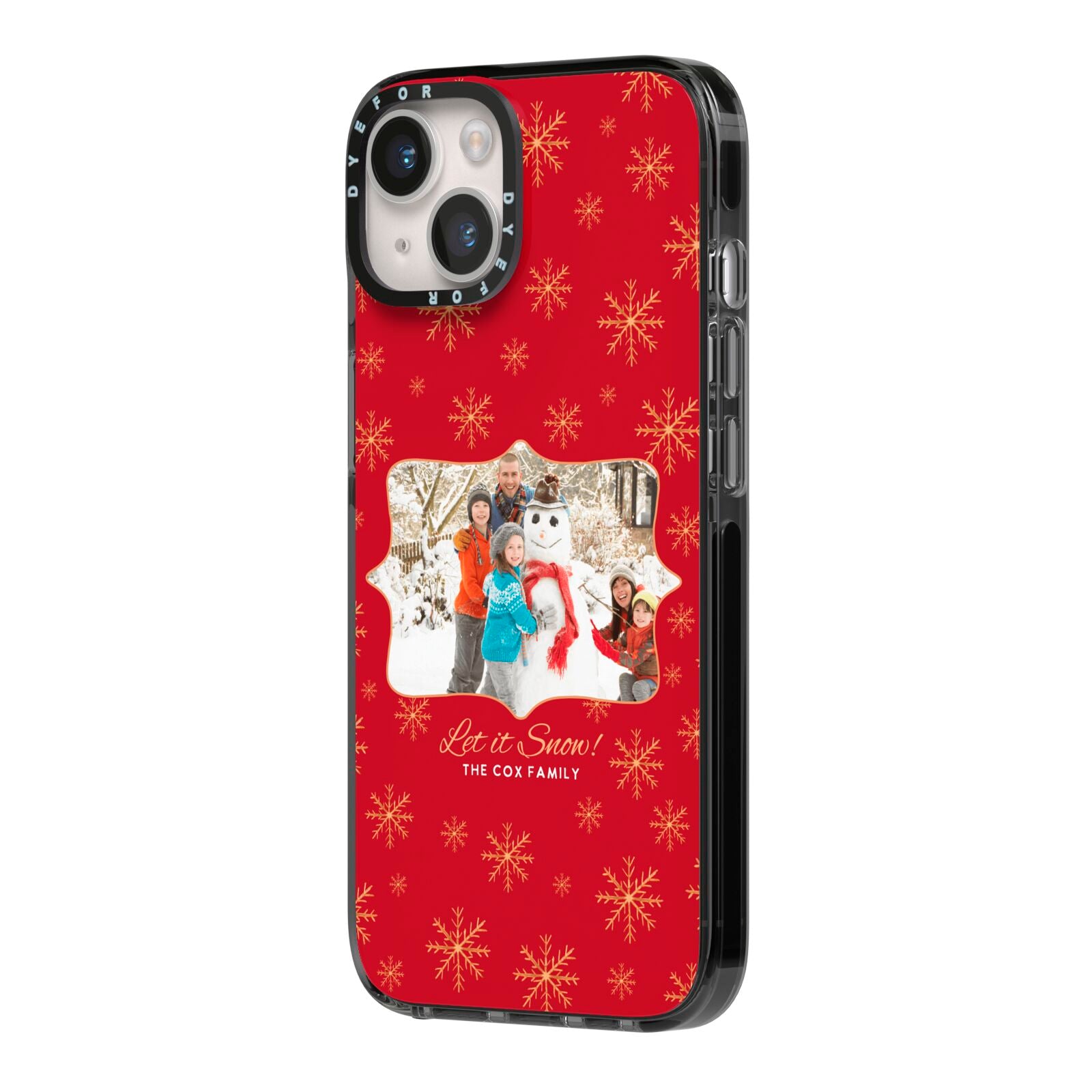 Let it Snow Christmas Photo Upload iPhone 14 Black Impact Case Side Angle on Silver phone