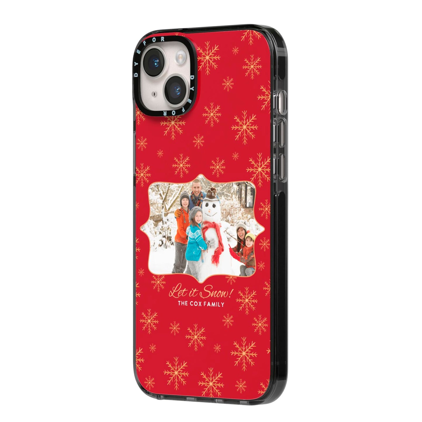 Let it Snow Christmas Photo Upload iPhone 14 Plus Black Impact Case Side Angle on Silver phone