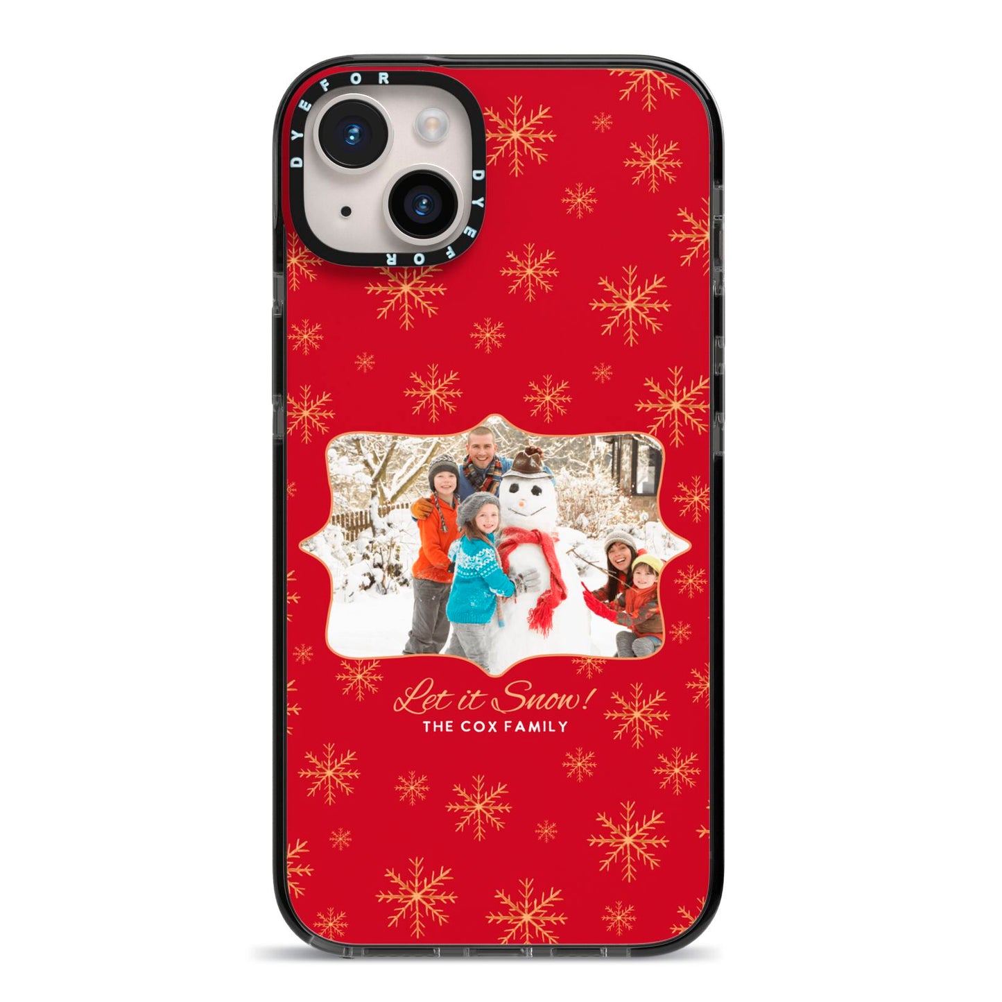 Let it Snow Christmas Photo Upload iPhone 14 Plus Black Impact Case on Silver phone