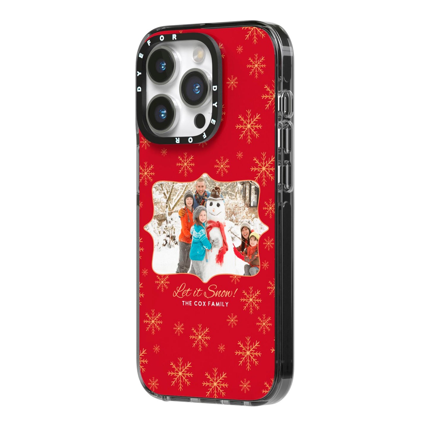 Let it Snow Christmas Photo Upload iPhone 14 Pro Black Impact Case Side Angle on Silver phone