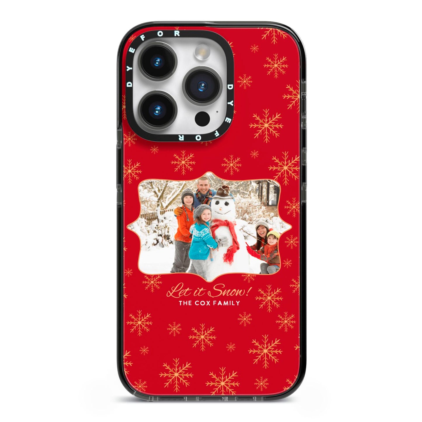 Let it Snow Christmas Photo Upload iPhone 14 Pro Black Impact Case on Silver phone