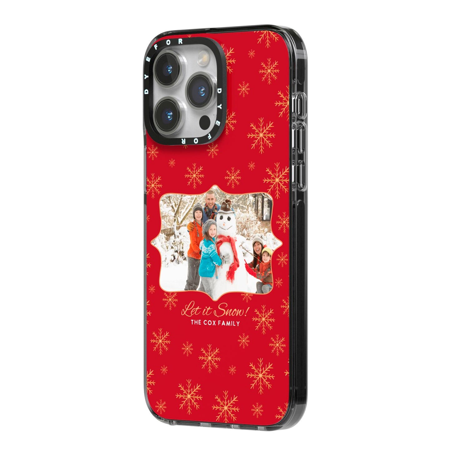 Let it Snow Christmas Photo Upload iPhone 14 Pro Max Black Impact Case Side Angle on Silver phone