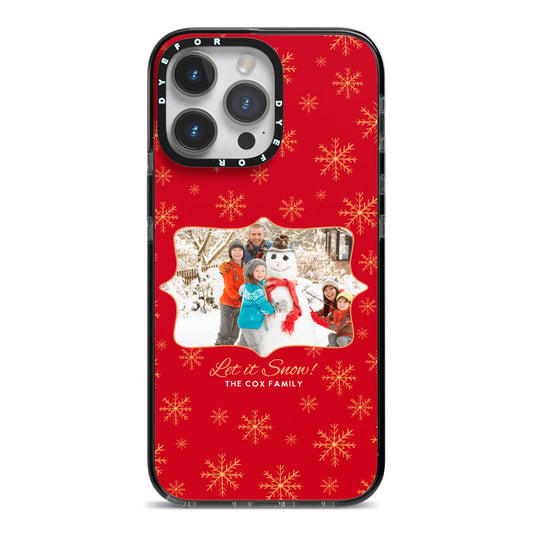Let it Snow Christmas Photo Upload iPhone 14 Pro Max Black Impact Case on Silver phone
