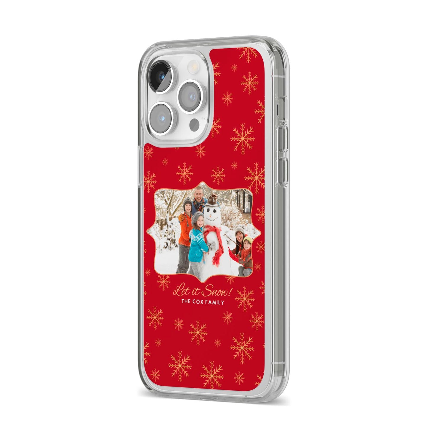 Let it Snow Christmas Photo Upload iPhone 14 Pro Max Clear Tough Case Silver Angled Image