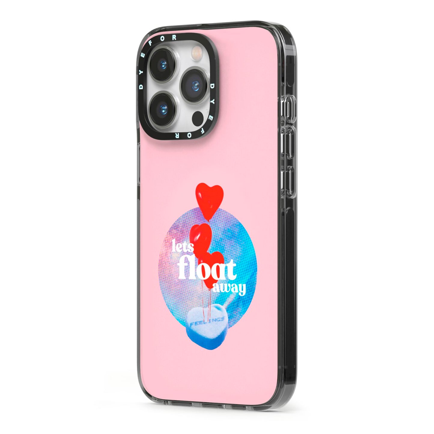 Lets Float Away Valentine iPhone 13 Pro Black Impact Case Side Angle on Silver phone