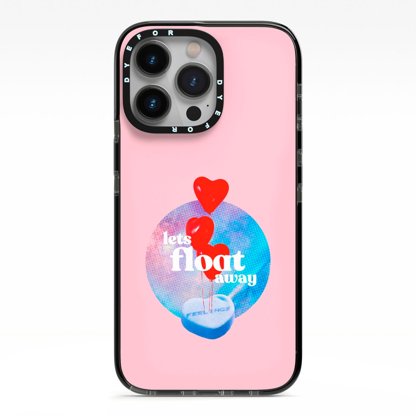 Lets Float Away Valentine iPhone 13 Pro Black Impact Case on Silver phone