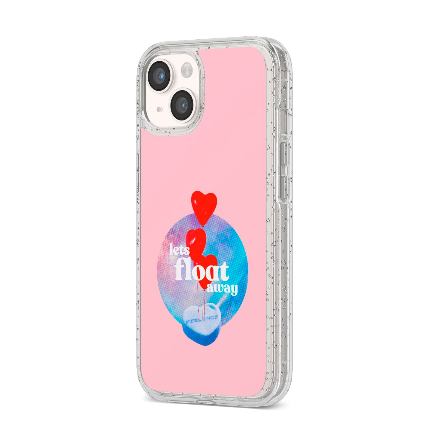 Lets Float Away Valentine iPhone 14 Glitter Tough Case Starlight Angled Image