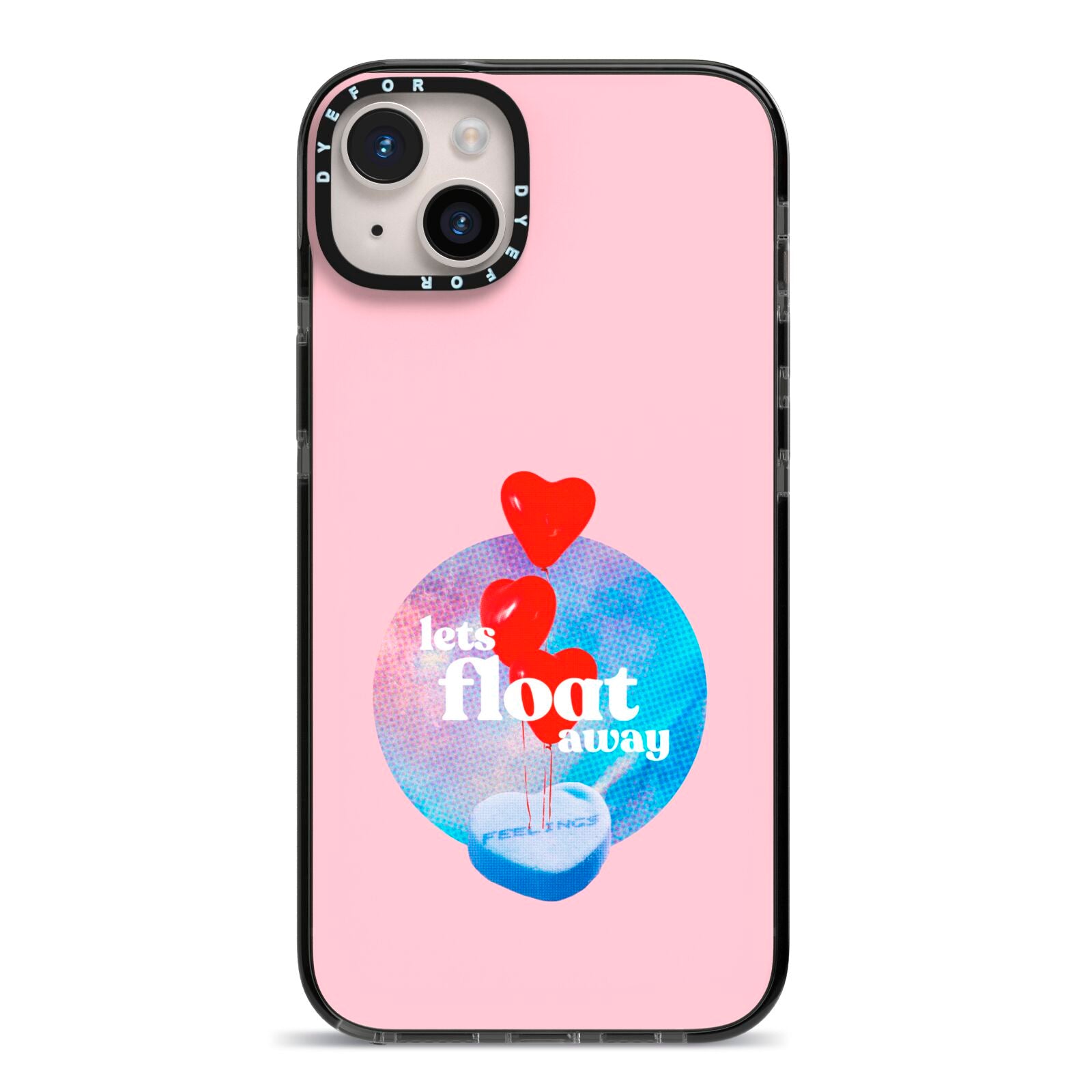 Lets Float Away Valentine iPhone 14 Plus Black Impact Case on Silver phone