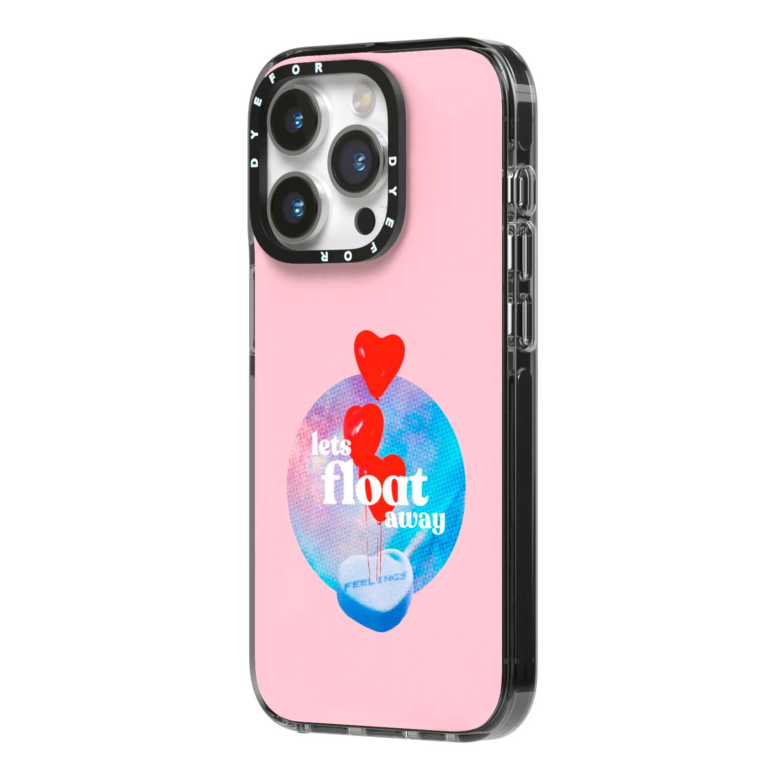 Lets Float Away Valentine iPhone 14 Pro Black Impact Case Side Angle on Silver phone